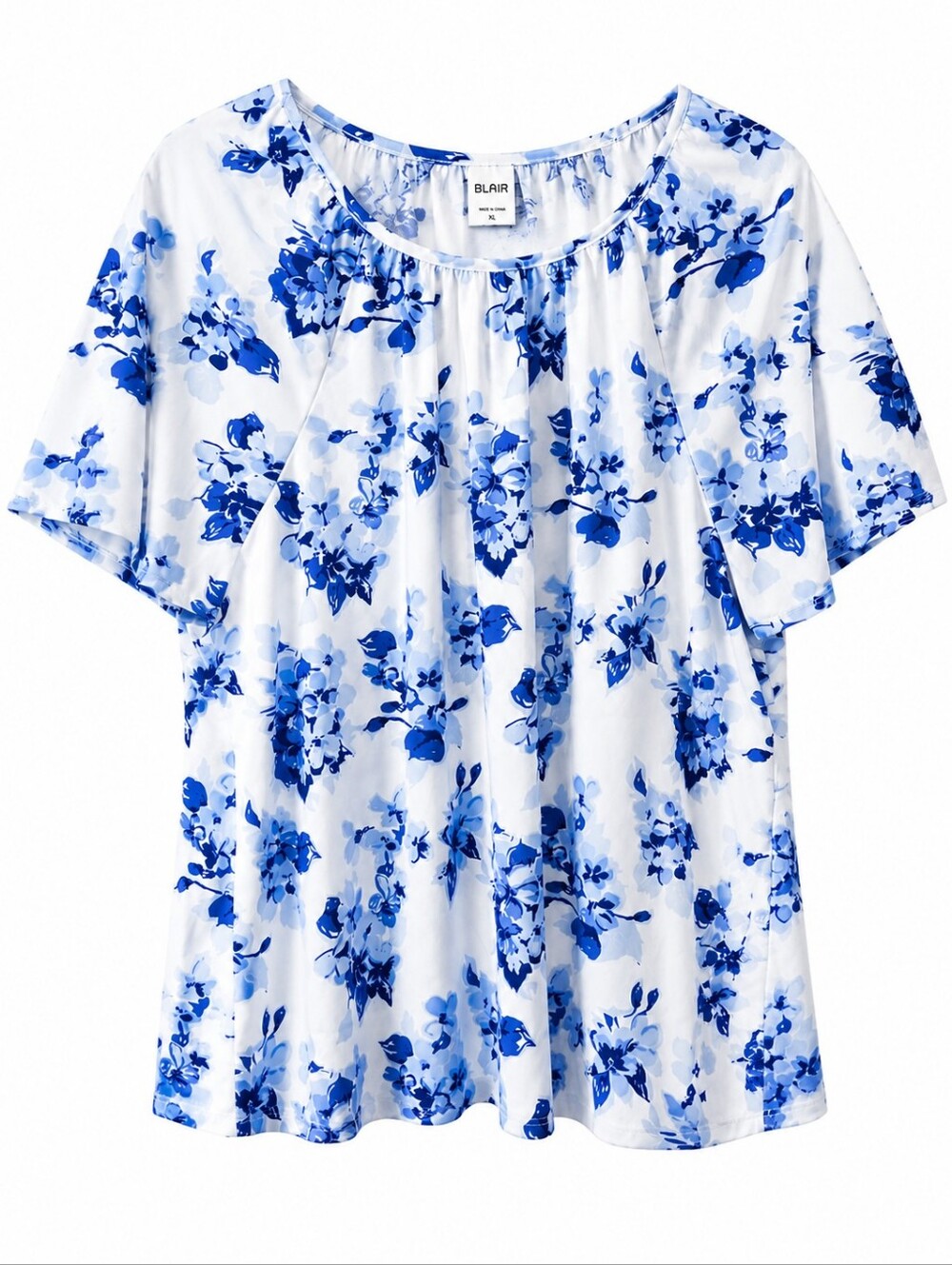 Blair White Blue Floral Print Short Sleeve  Pleated Neck Stretch Blouse Size XL